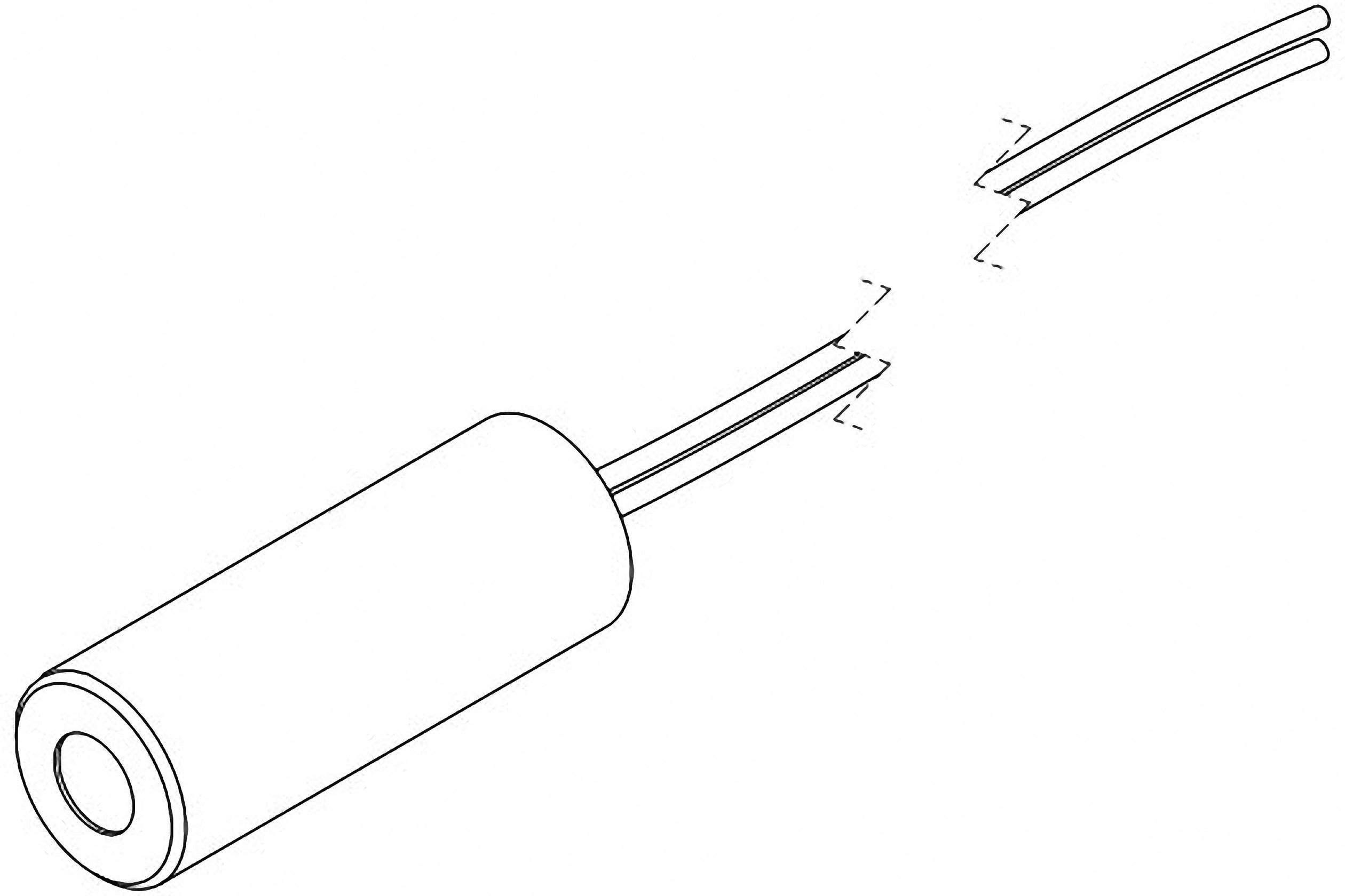 Zeichnung eines zylindrischen Elektrowiderstands mit zwei abgetrennten Anschlussdrähten, die aus einem Ende herausragen.