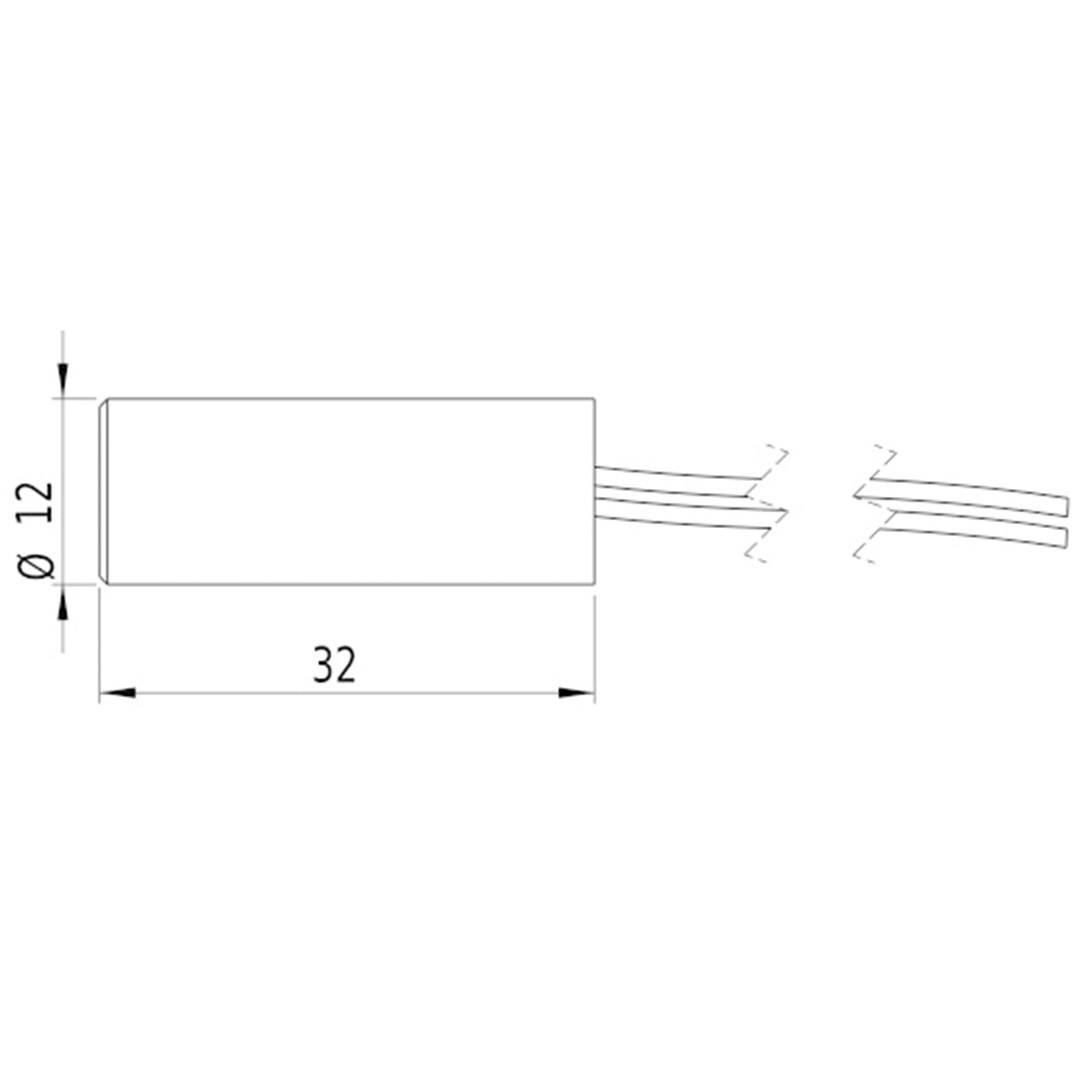 Diagramm eines zylindrischen Objekts mit den Maßen 32 mm Länge und 12 mm Durchmesser. Zwei Kabel treten aus einer Seite heraus.