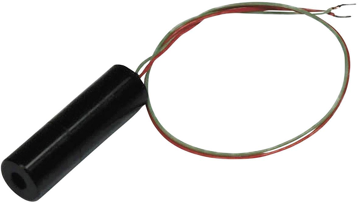 Ein zylindrischer, schwarzer Sensor mit grünen und roten Drähten zur Verbindung; könnte ein elektrisches Bauteil sein.