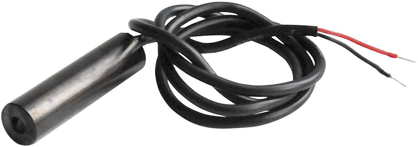 Ein schwarzer Zylindersensor mit zwei herausragenden Drähten. Offen isolierte Enden zur elektrischen Verbindung. Geeignet für Temperaturmessungen.