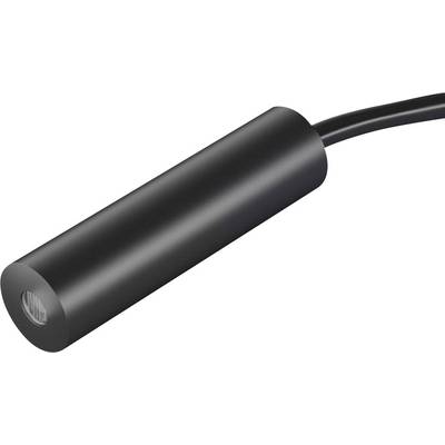 Schwarzer zylindrischer Sensor mit Kabelanschluss auf weißem Hintergrund.