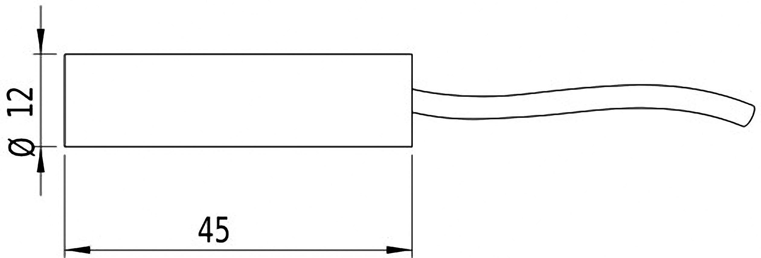 Technische Zeichnung eines zylindrischen Objekts mit einem Durchmesser von 12 mm, einer Länge von 45 mm und einem angeschlossenen Kabel.