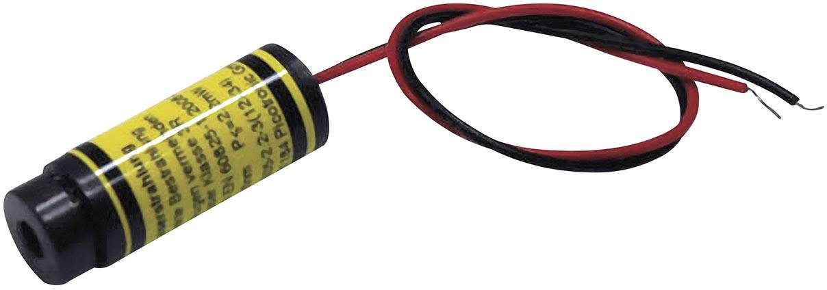 Ein roter Laserpointer mit schwarzem Gehäuse und gelbem Warnhinweisetikett; zwei Drähte ragen heraus.