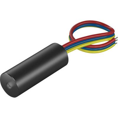 Ein zylindrischer elektrischer Sensor mit drei abgehenden Kabeln in den Farben Rot, Blau und Gelb.