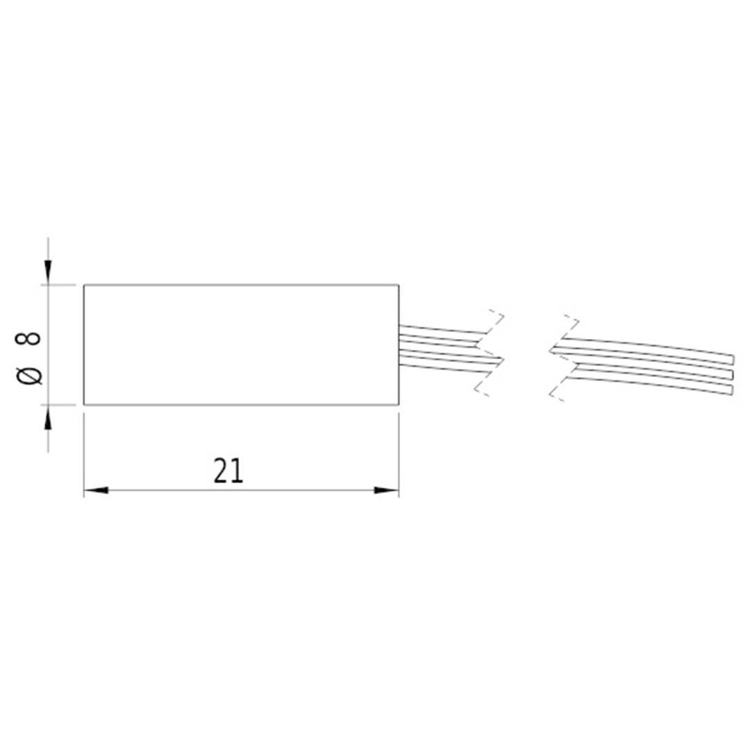 Skizze eines zylindrischen Bauteils mit einem Durchmesser von 8 und einer Länge von 21 Einheiten, von dem Kabel abgehen.
