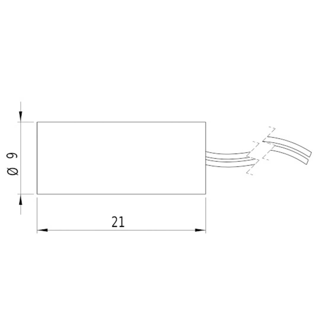 Technische Zeichnung eines zylindrischen Bauteils. Länge 21 mm, Durchmesser 9 mm. Zwei Kabel ragen heraus.