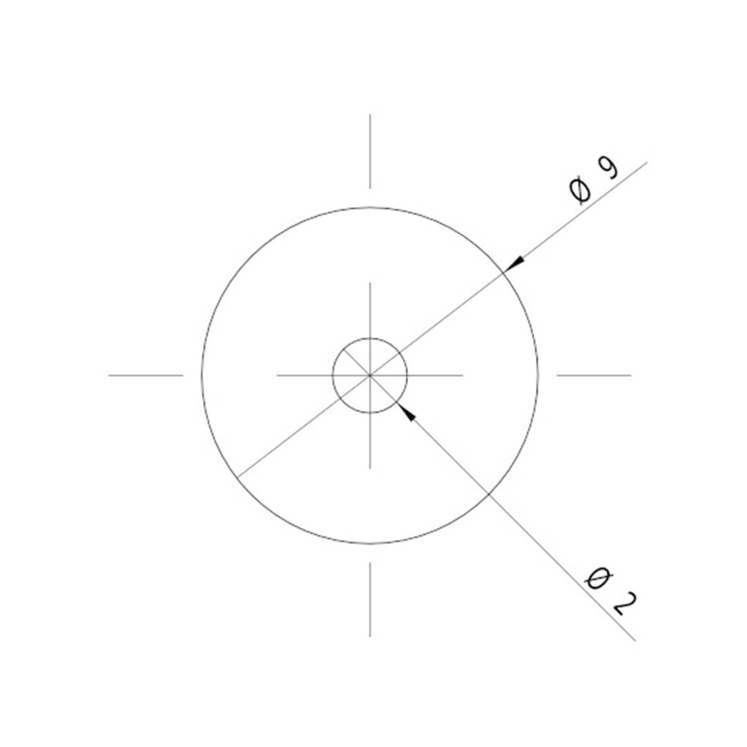 Technische Zeichnung eines Kreises mit zwei Durchmessern markiert: 'Ø 9' und 'Ø 2'. Linien deuten auf die Mitte des Kreises.