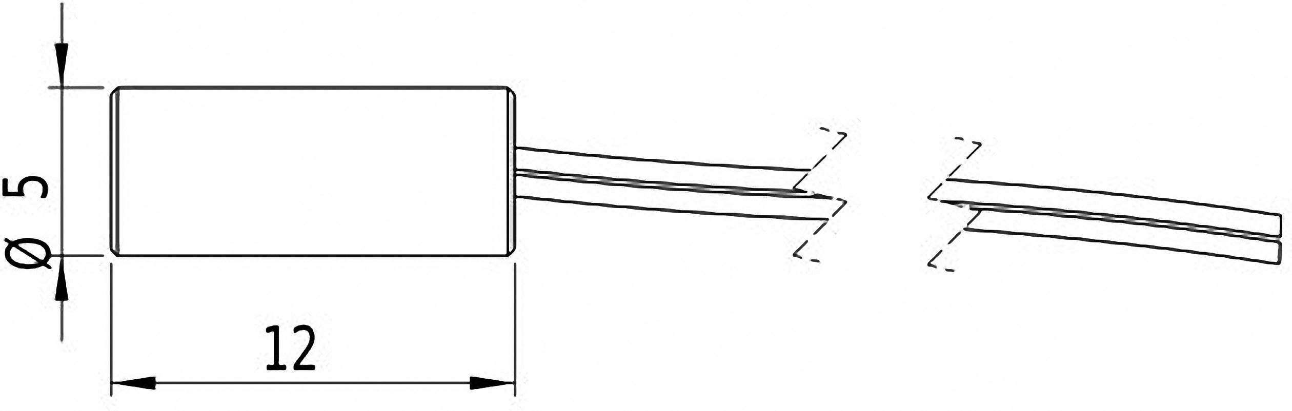 Technische Zeichnung eines Zylinders mit den Maßen 12 mm Länge und 5 mm Durchmesser, verbunden mit zwei Drähten.