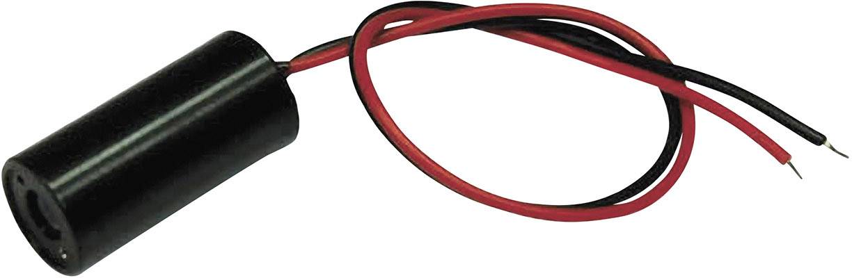 Ein schwarzer zylindrischer Sensor mit zwei Kabeln in Rot und Schwarz, die für elektrische Verbindungen geeignet sind.