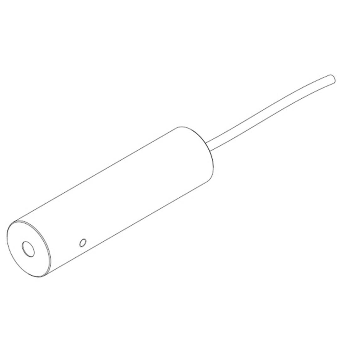 Zeichnung eines zylindrischen Sensors mit Kabelanschluss, zeigt technische Details des Geräts.
