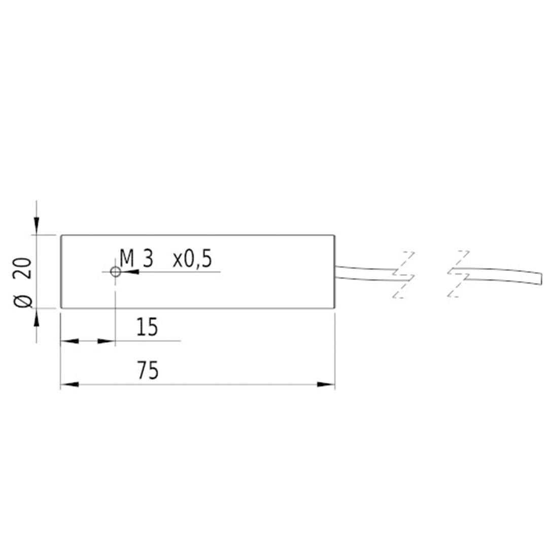 Technische Zeichnung eines zylindrischen Bauteils mit Durchmesser 'Ø 20', Länge '75', und M3-Gewinde. Kabel ragt rechts heraus.