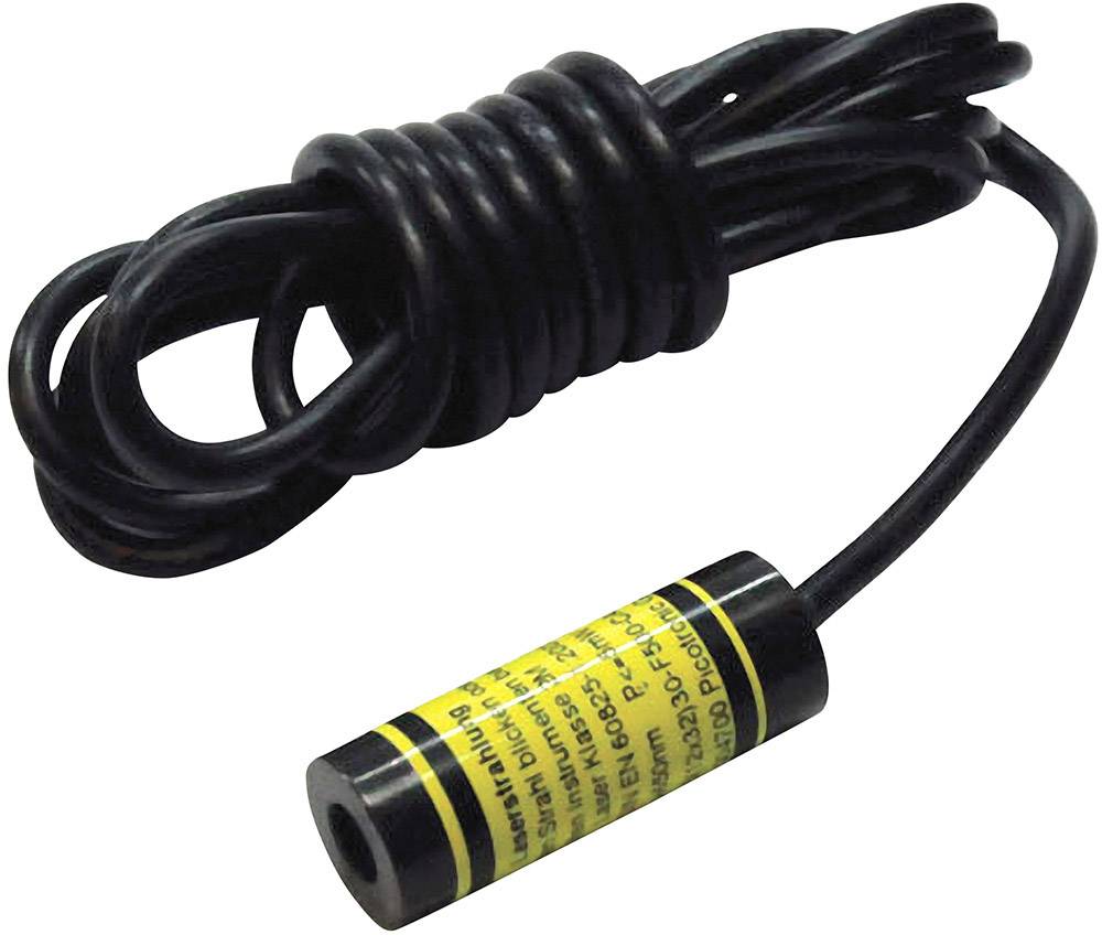 Ein kleiner schwarzer Laser mit gelbem Etikett und langem, aufgewickeltem Kabel.