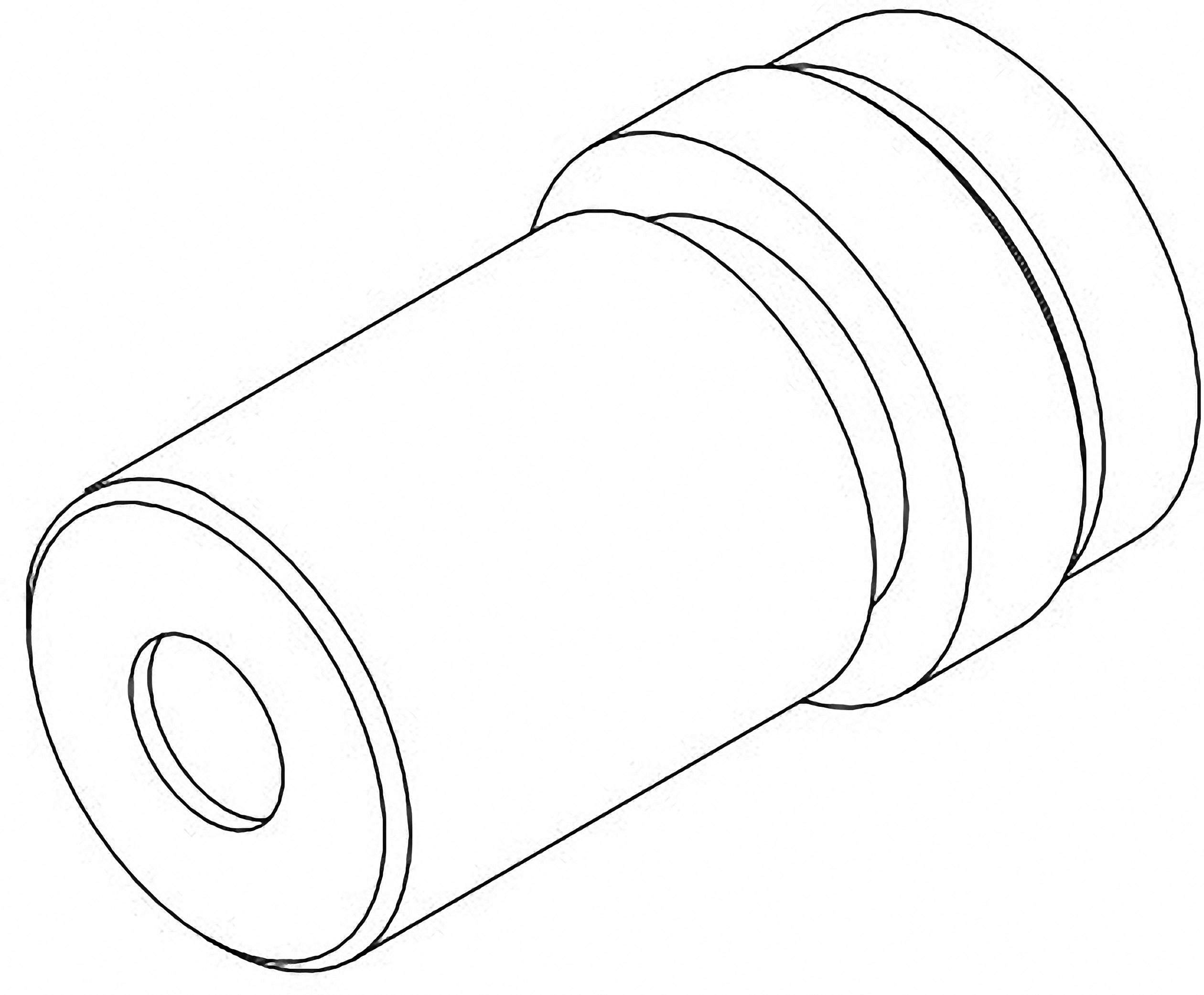 Technische Zeichnung eines zylindrischen Bauteils mit einer Öffnung auf einer Seite und abgestuften Ringen am anderen Ende.