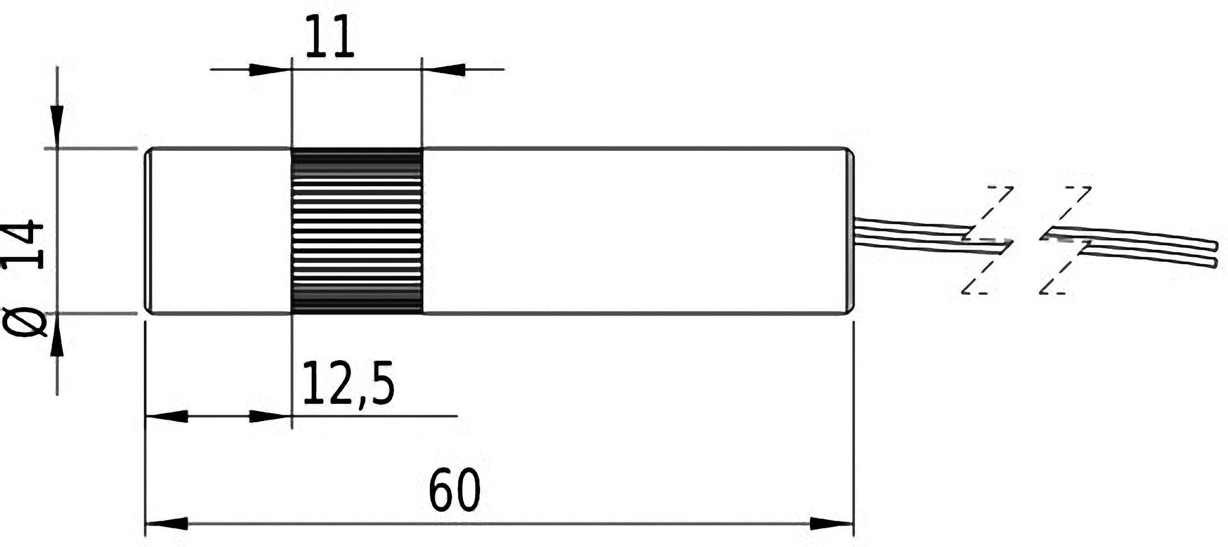 Technische Zeichnung eines zylindrischen Objekts mit den Maßen: Länge 60 mm, Durchmesser 14 mm, geriffelte Fläche von 11 mm.