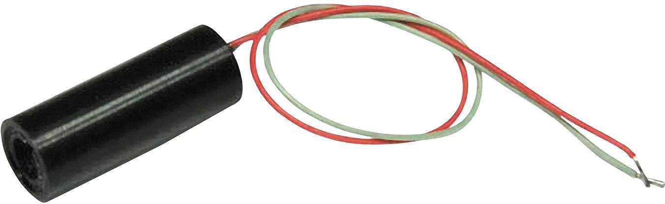 Ein zylindrischer Piezo-Summer mit zwei herausragenden Drähten, einem roten und einem grünen, zeigt die elektrischen Anschlüsse.