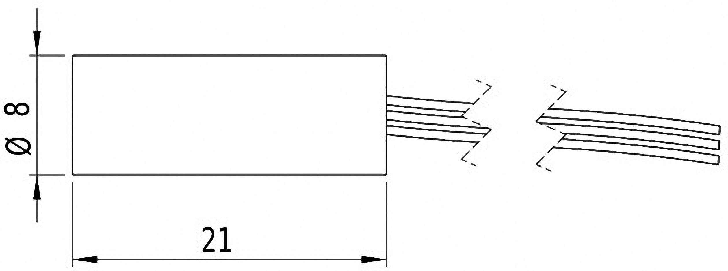 Technische Zeichnung eines elektrischen Bauteils mit rechteckiger Form. Maße sind 21 mm Länge und 8 mm Durchmesser, mit Kabeln auf einer Seite.
