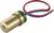 'Ein zylindrischer Laserdiode-Modul in einem goldfarbenen Metallgehäuse mit roten und blauen Anschlusskabeln.'