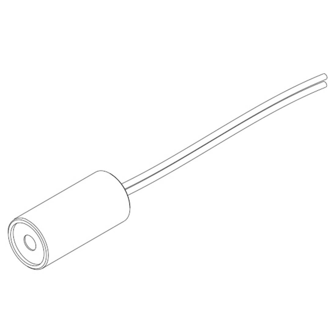Ein schematisches Diagramm eines zylindrischen Sensors mit zwei herausragenden Kabeln, zeigt die grundlegende Form und Anschlüsse.
