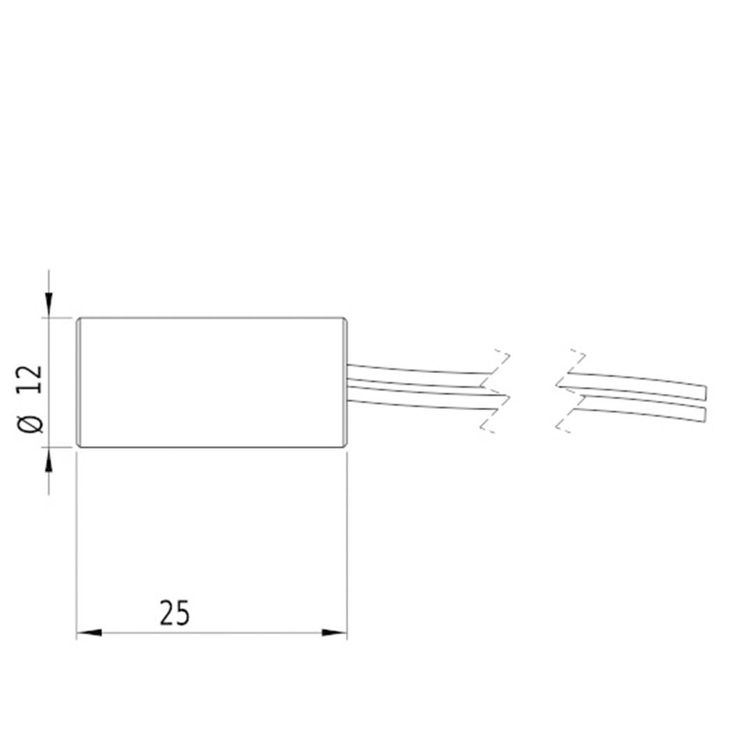 Zylinderförmiges Bauteil mit einem Durchmesser von 12 und einer Länge von 25, verbunden mit zwei Kabeln.