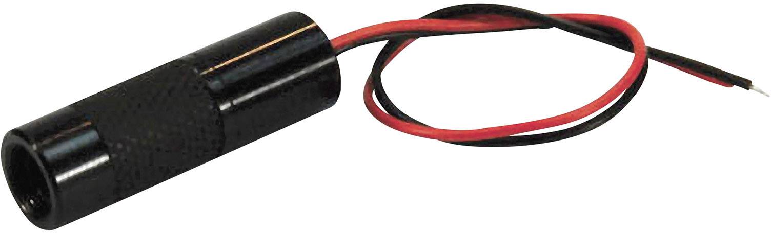 Ein schwarzer zylindrischer Sensor mit zwei angeschlossenen Kabeln in Rot und Schwarz.