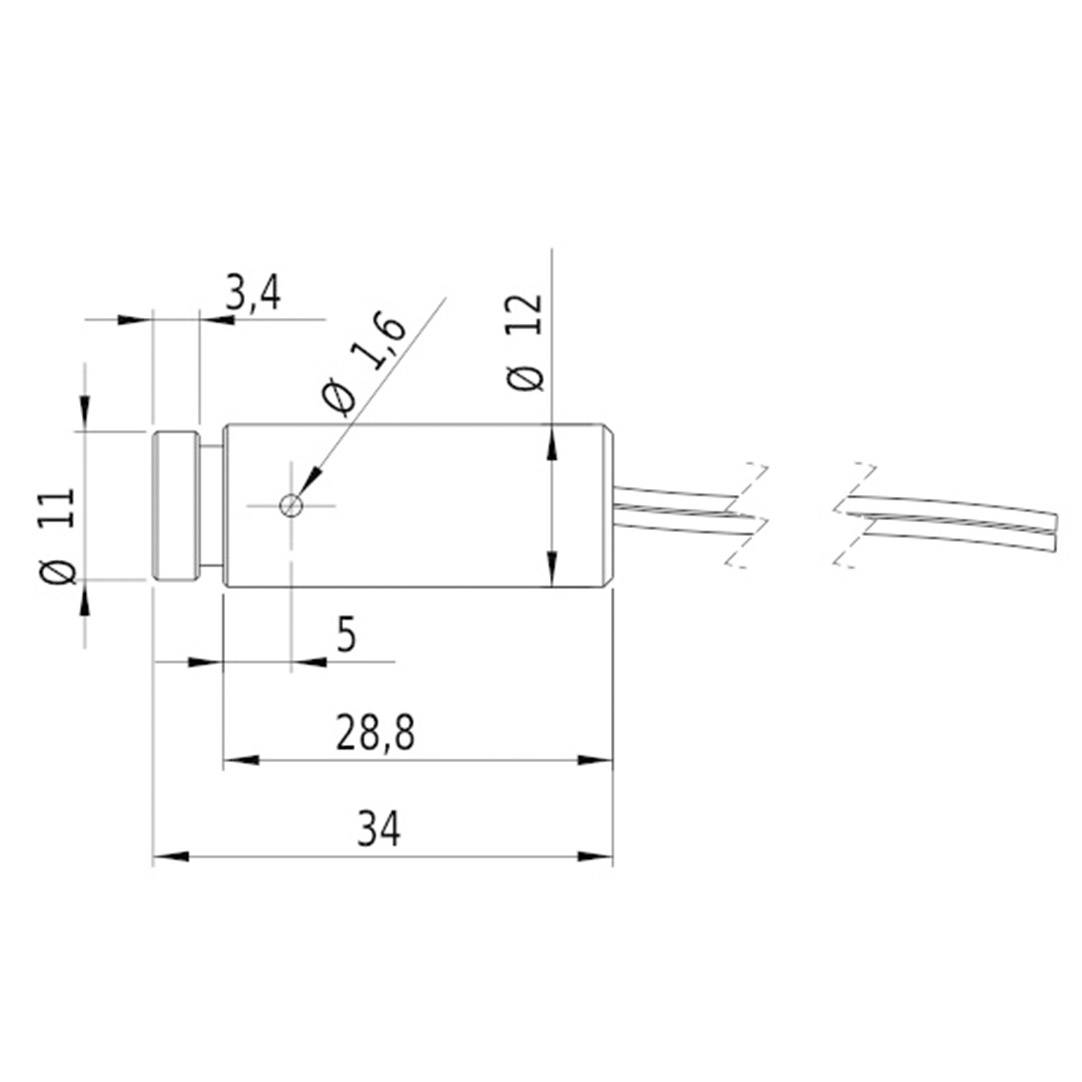 Technische Zeichnung eines zylindrischen Sensors mit Maßen: Länge 34 mm, Durchmesser 12 mm, Kabelanschluss auf der rechten Seite.