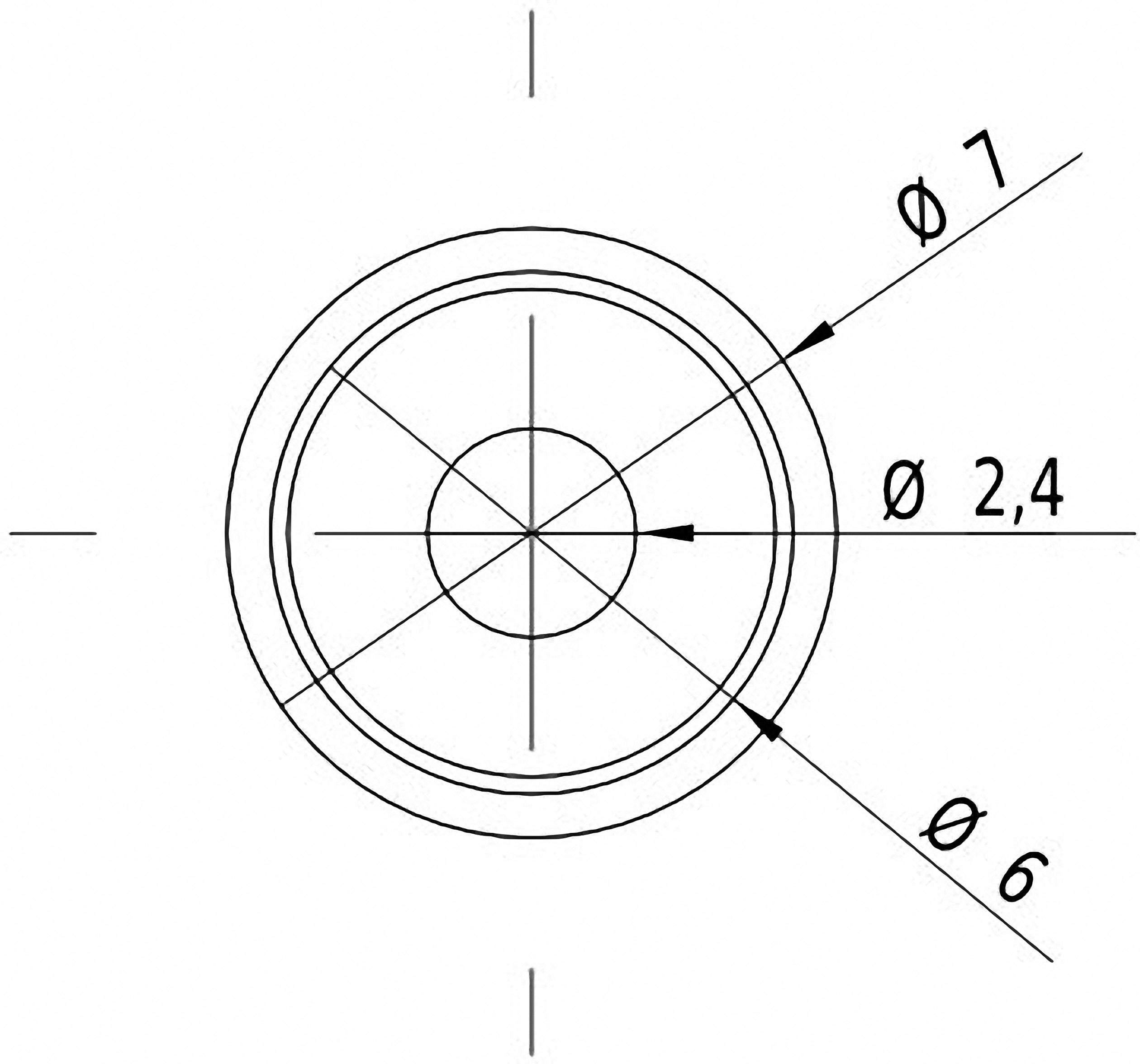 Technische Zeichnung eines Kreises mit drei markierten Durchmessern: 7, 6 und 2,4. Linien zeigen die Durchmesser in radialer Richtung an.