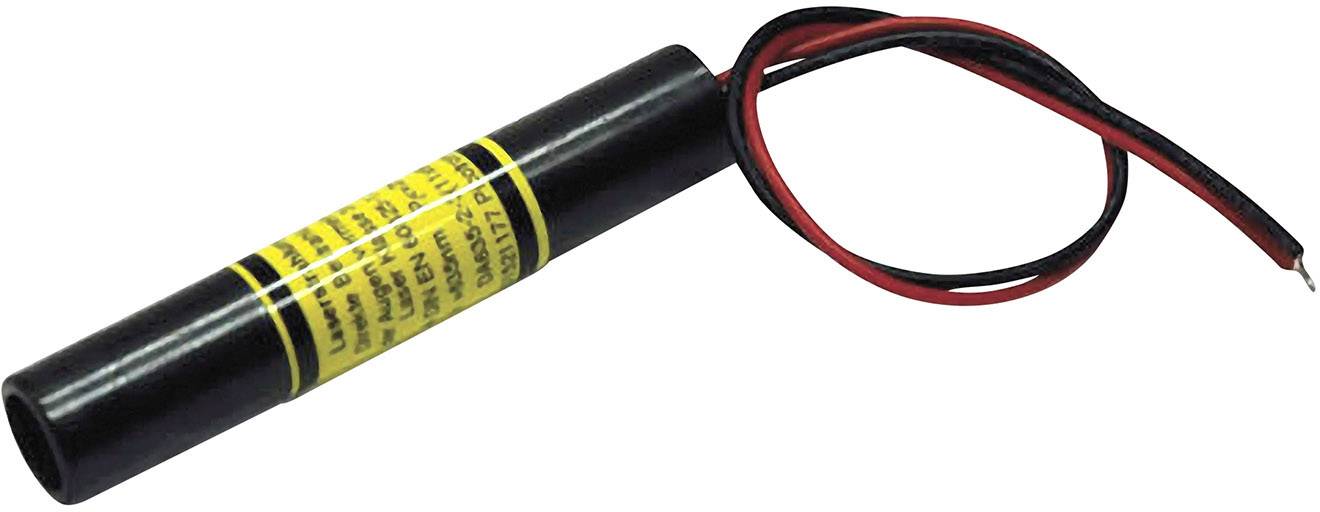 Schwarzer zylindrischer Laser mit gelbem Warnhinweis und roten und schwarzen Kabeln.