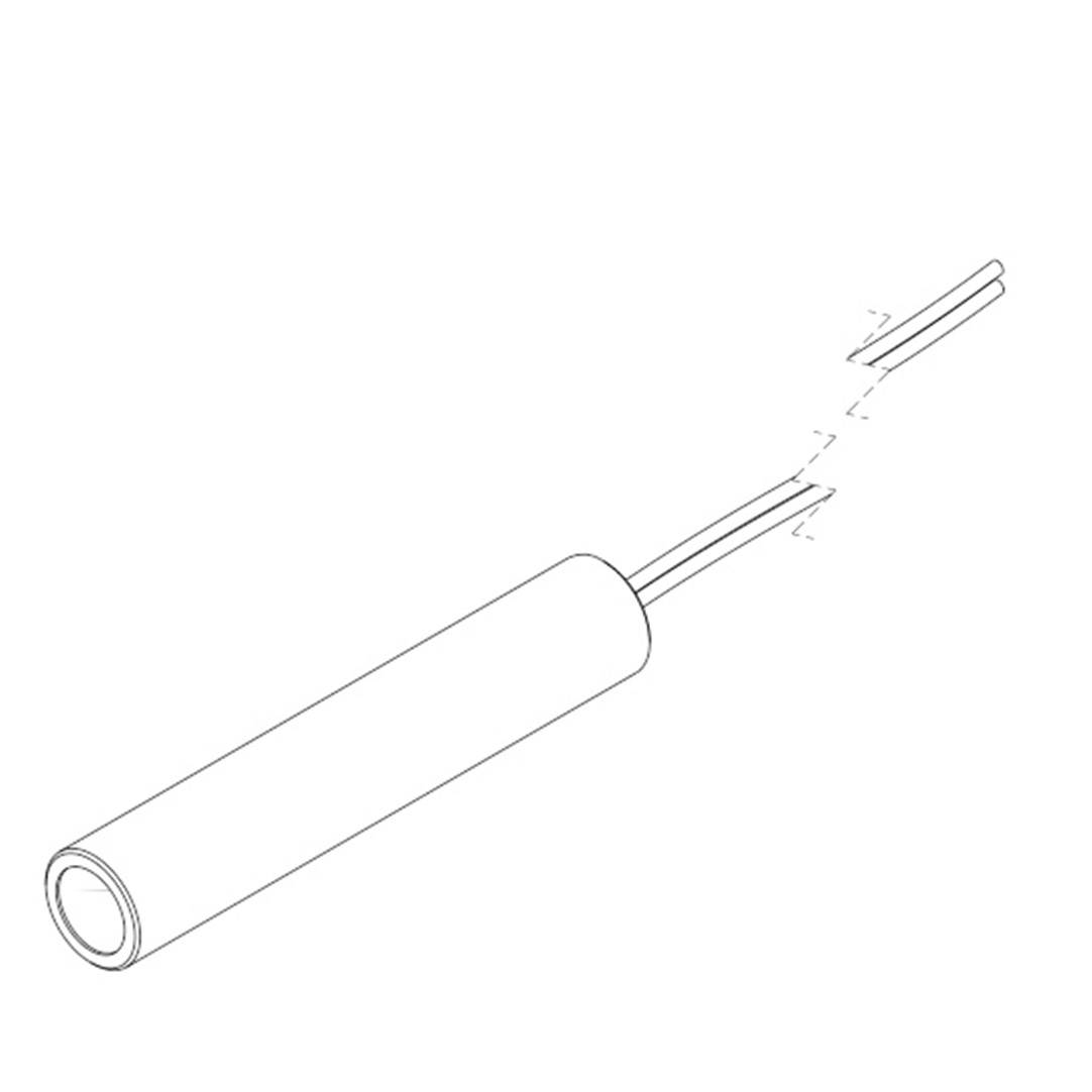 Ein Liniendiagramm eines zylindrischen Formteils mit herausragenden Drähten, das ein elektronisches Bauteil darstellt.