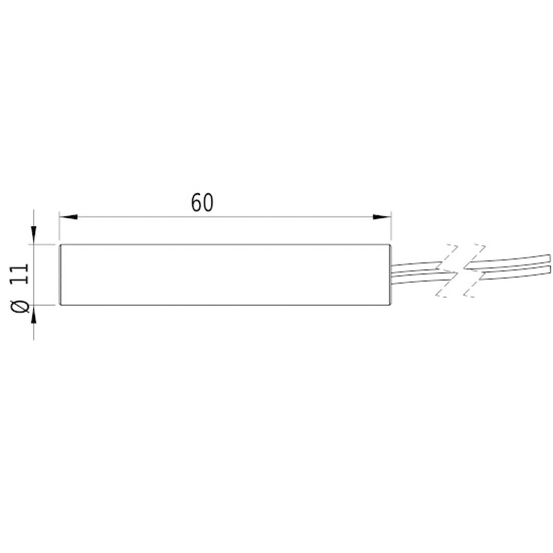 Zeichnung eines zylindrischen Objekts mit den Maßen 60 mm Länge und 11 mm Durchmesser, Kabel ragen heraus.