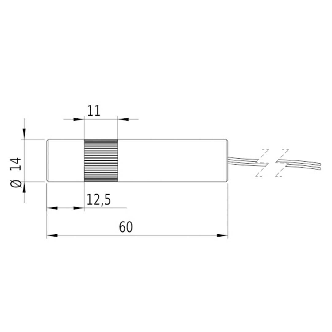 Technische Zeichnung eines zylindrischen Sensors. Maße: Länge 60 mm, Durchmesser 14 mm. Maßlinien markieren Längenabschnitte.