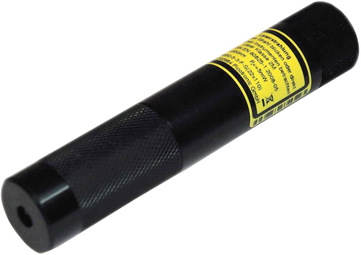 Schwarzer Laserpointer mit gelbem Warnhinweisaufkleber, der Sicherheitsinformationen enthält.