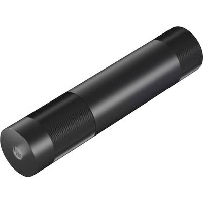 Eine schwarze Taschenlampe mit zylindrischer Form und geriffeltem Griffbereich.