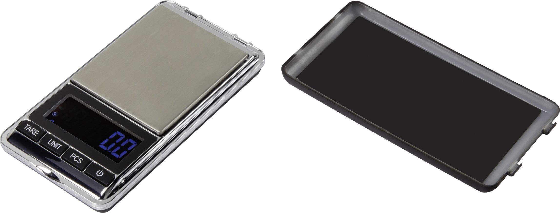 Digitale Taschenskala mit abnehmbarem Deckel, angezeigt wird '0.0' Gramm auf dem beleuchteten Display, Tasten für Tara, Einheit und Stückzählung.