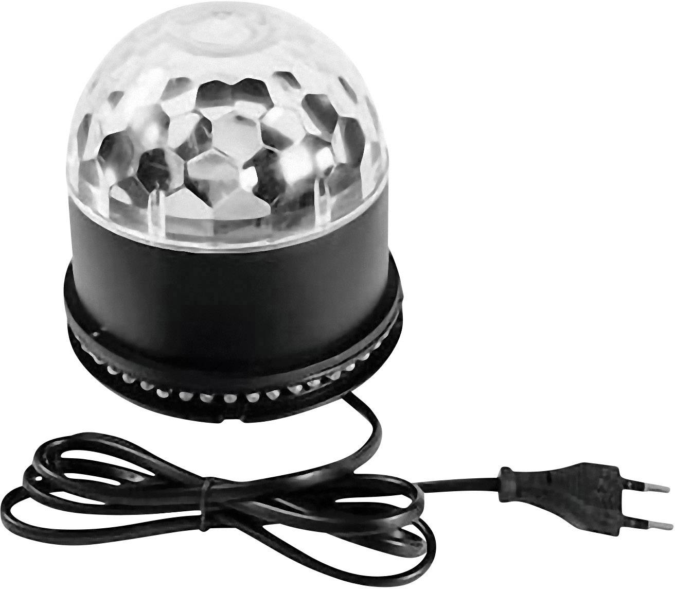 Eine runde, transparente Disco-Kugel mit schwarzen Details, angeschlossen an ein Stromkabel. Dient zur Projektion von Lichteffekten.