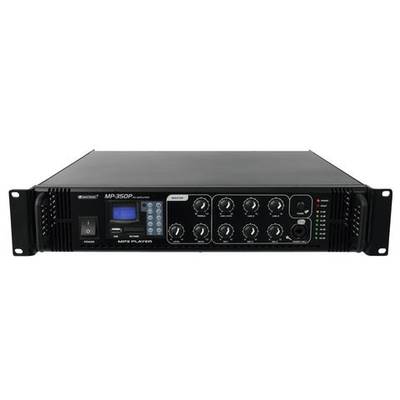 Ein schwarzer Audioverstärker mit mehreren Reglern und einem Digitaldisplay auf der Vorderseite zur Steuerung von Lautstärke und Einstellungen.