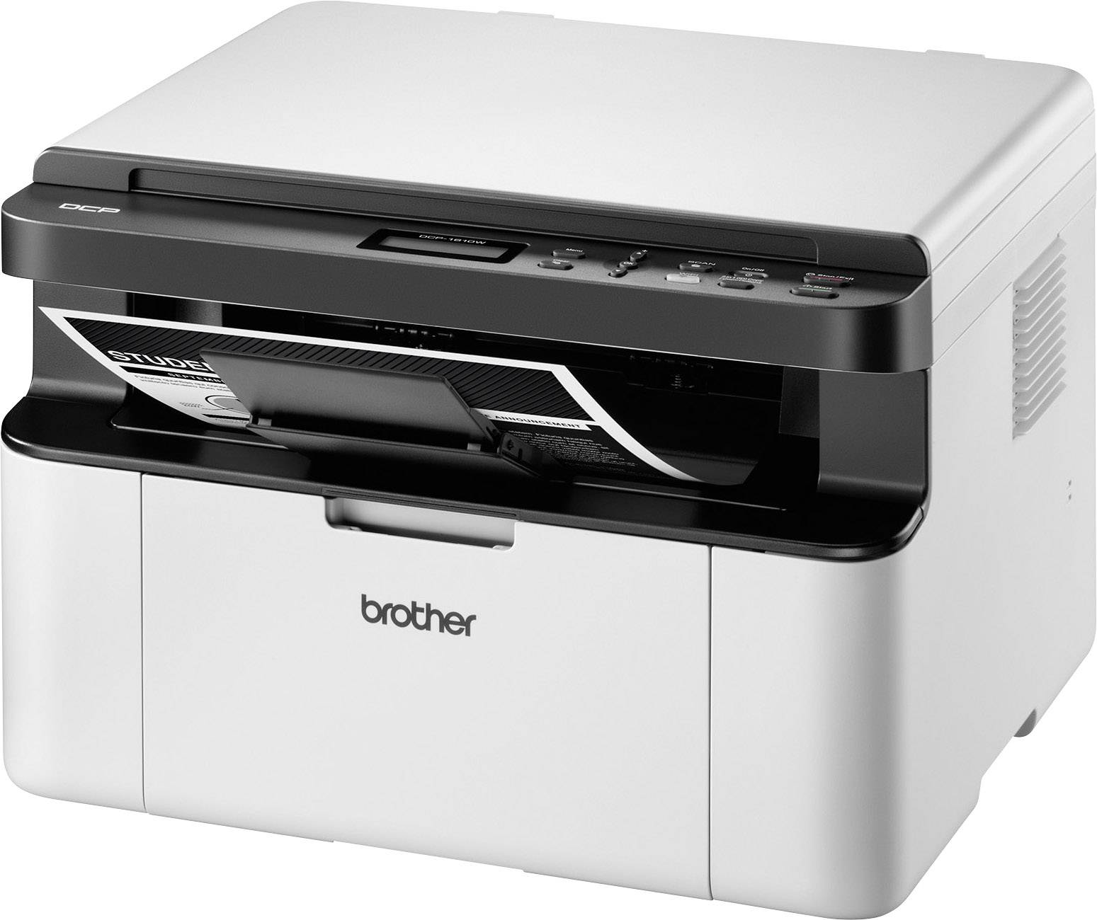 Ein schwarz-weißer Multifunktionsdrucker mit Papierausgabe in einem Büro.