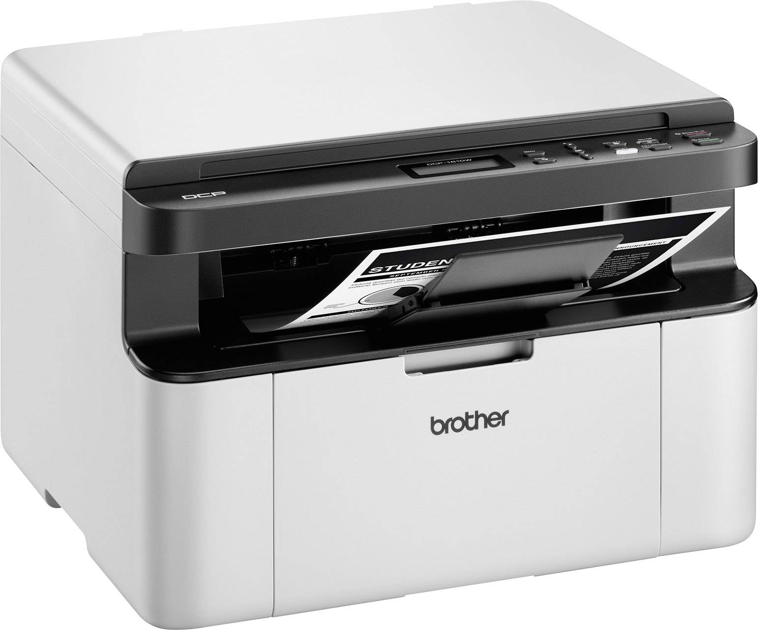 Schwarz-weißer Multifunktionsdrucker auf einem Tisch, mit einem Papier, das aus dem Ausgabefach herausragt.