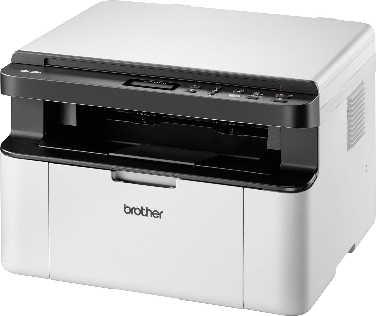 Ein weißer Multifunktionsdrucker mit schwarzem Bedienfeld und 'brother' Logo an der Vorderseite, geeignet für Bürogebrauch.