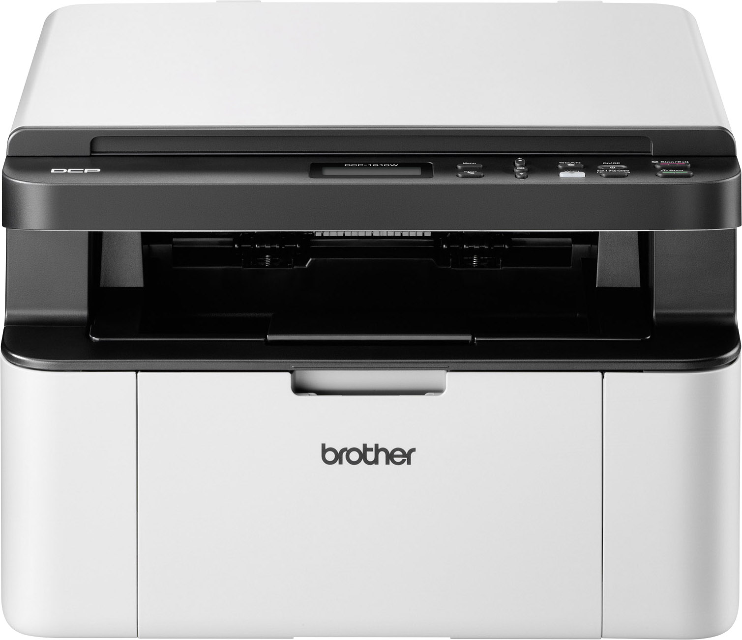 Ein weißer Multifunktionsdrucker mit schwarzer Oberseite, Marke 'brother', mit Bedienelementen und Papierausgabe vorne.