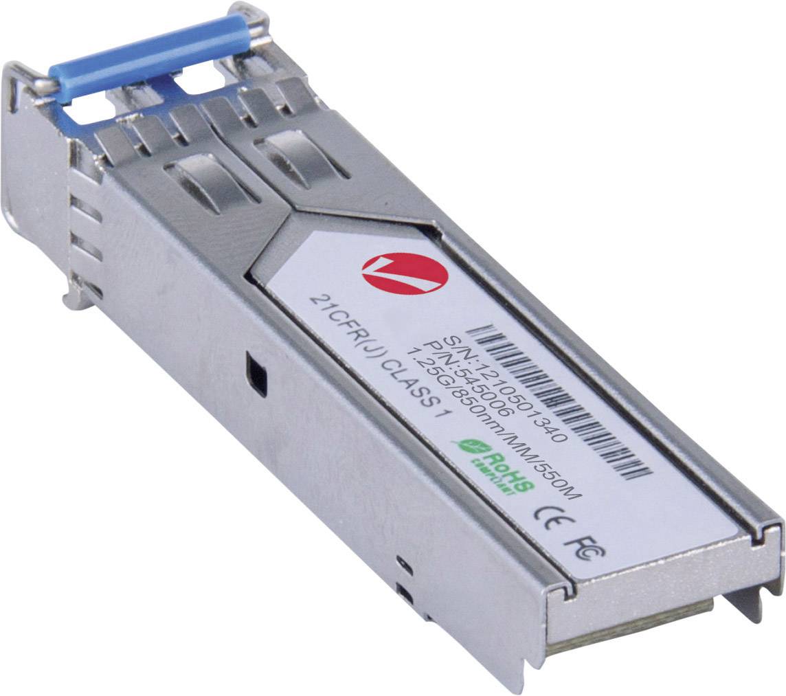 Glasfasermodul für Datentransfer mit blauer Laserschutzkappe, Barcode sichtbar, geeignet für Netzwerkgeräte.