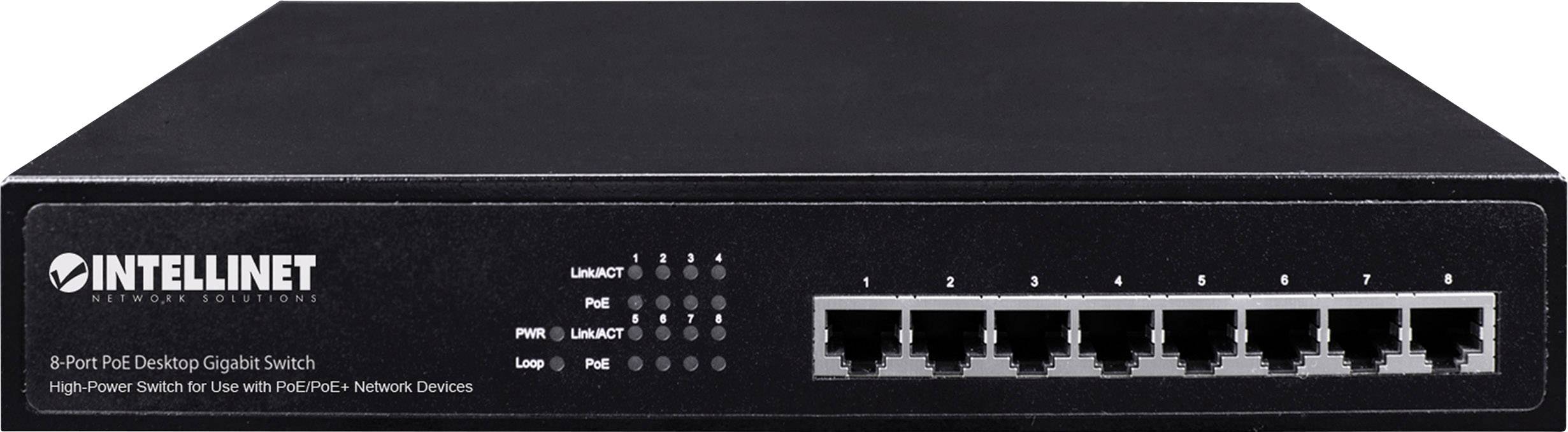 INTELLINET 8-Port PoE+ Desktop Gigabit Switch 8 x PoE-Ports, IEEE 802.3at/af Power-over-Ethernet (Po