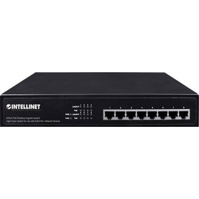 Schwarzer 8-Port PoE-Netzwerk-Switch von Intellinet, geeignet für PoE/PoE+ Netzwerkgeräte. Vorderseite mit Ethernet-Ports und LEDs.