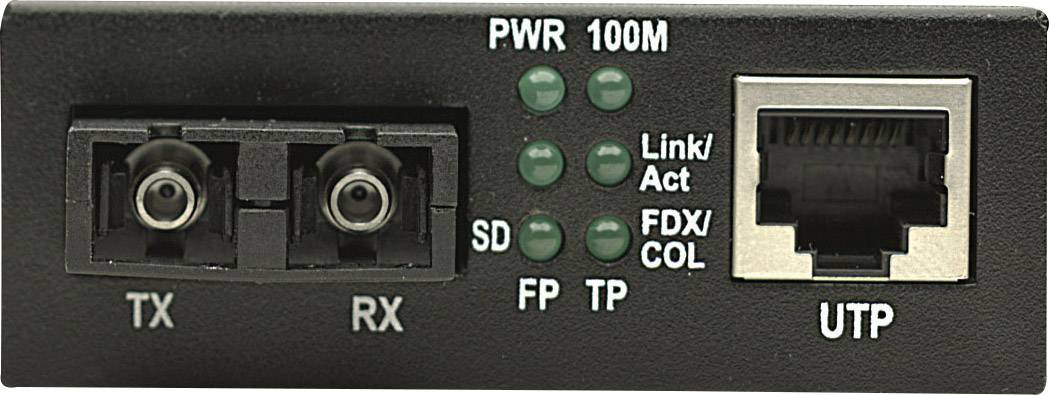 'Medienkonverter mit Faseranschlüssen links und RJ45-Netzwerkanschluss rechts; Status-LEDs für Strom, Verbindung und Aktivität.'