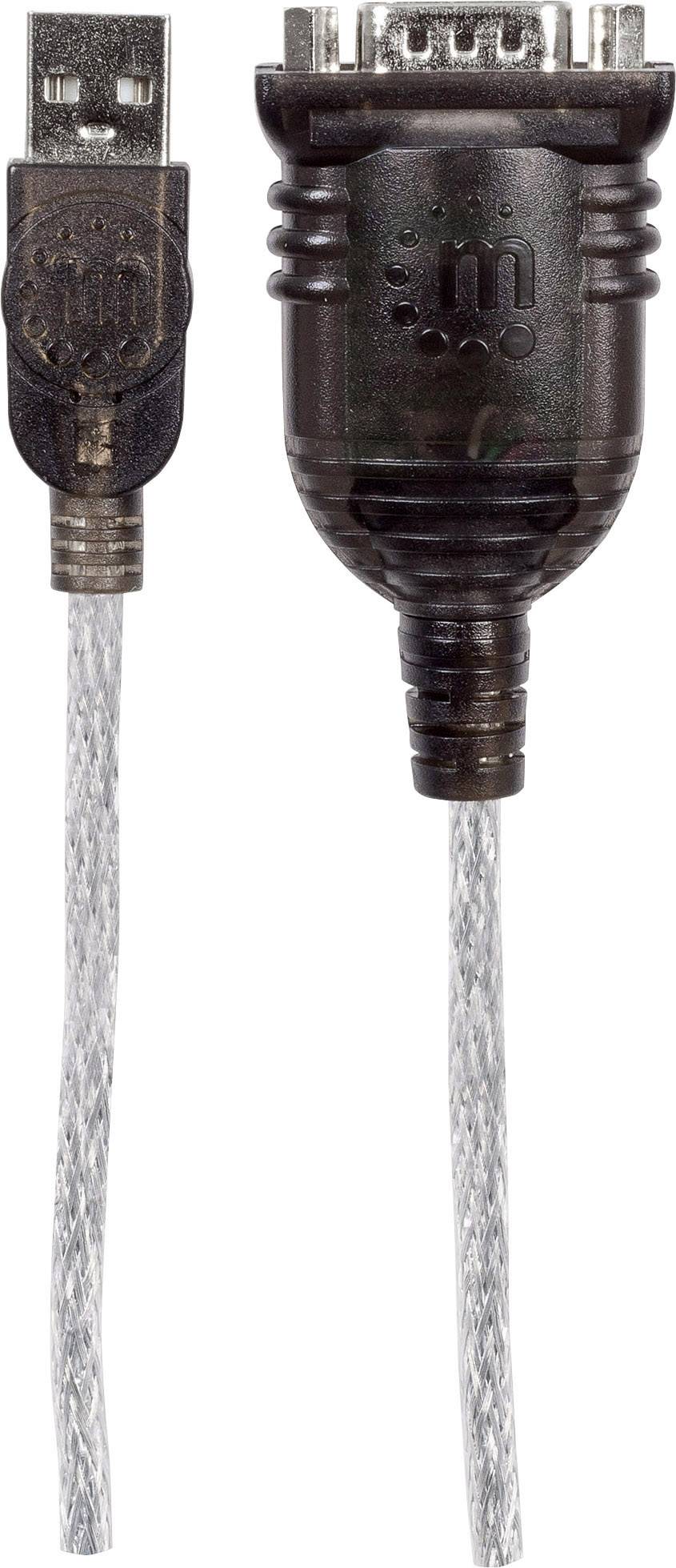 Ein USB-zu-Seriell-Konverterkabel mit einem Typ-A-Stecker links und einem seriellen D-Sub-Stecker rechts zum Anschluss älterer Geräte an moderne Computer.