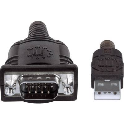 'Ein serieller DB9-Stecker verbunden mit einem USB-A-Stecker, verwendet für serielle Schnittstellenkonvertierung.'