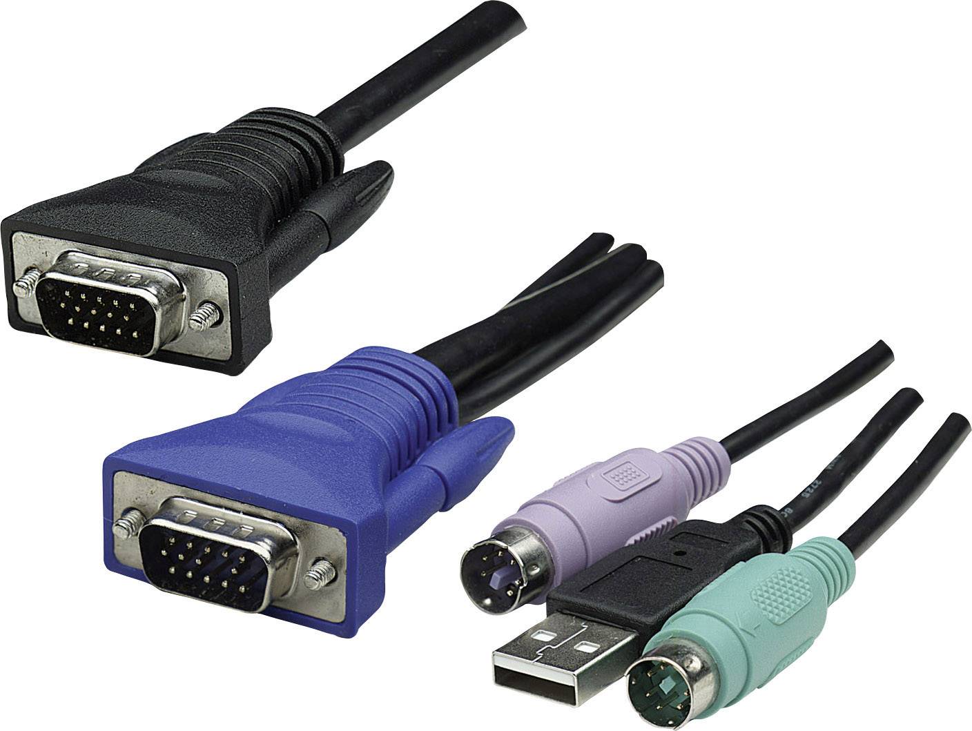 'Drei Kabel: Oben ein schwarzes VGA-Kabel, darunter ein blaues VGA-Kabel. Rechts zwei PS/2-Kabel, eines lila und eines grün, mit USB-Stecker.'