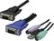 'Drei Kabel: Oben ein schwarzes VGA-Kabel, darunter ein blaues VGA-Kabel. Rechts zwei PS/2-Kabel, eines lila und eines grün, mit USB-Stecker.'