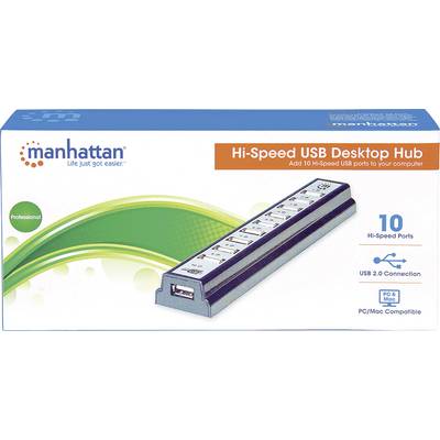 'Manhattan Hi-Speed USB Desktop Hub' mit 10 High-Speed-Ports, USB 2.0-Verbindung, kompatibel mit PC und Mac, grüne Designakzente.