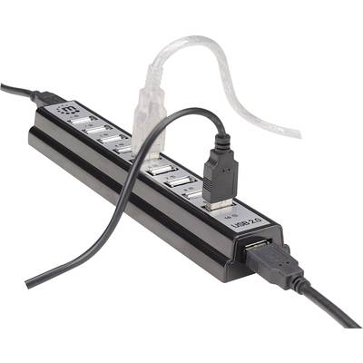 Ein USB-Hub mit mehreren Anschlüssen, an dem zwei Kabel angeschlossen sind. Der Hub ist beschriftet mit 'USB 2.0'.