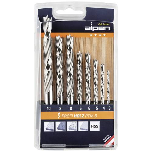 Alpen 600093100 Holz-Spiralbohrer-Set 8teilig 3 mm, 4 mm, 5 mm, 6 mm, 8 mm, 10 mm Zylinderschaft 1 Set